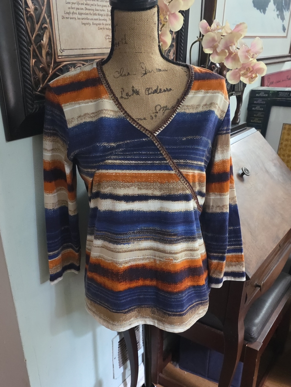 Ruby Rd. Striped V-Neck Wrap Top in Blue, Orange & Cream
